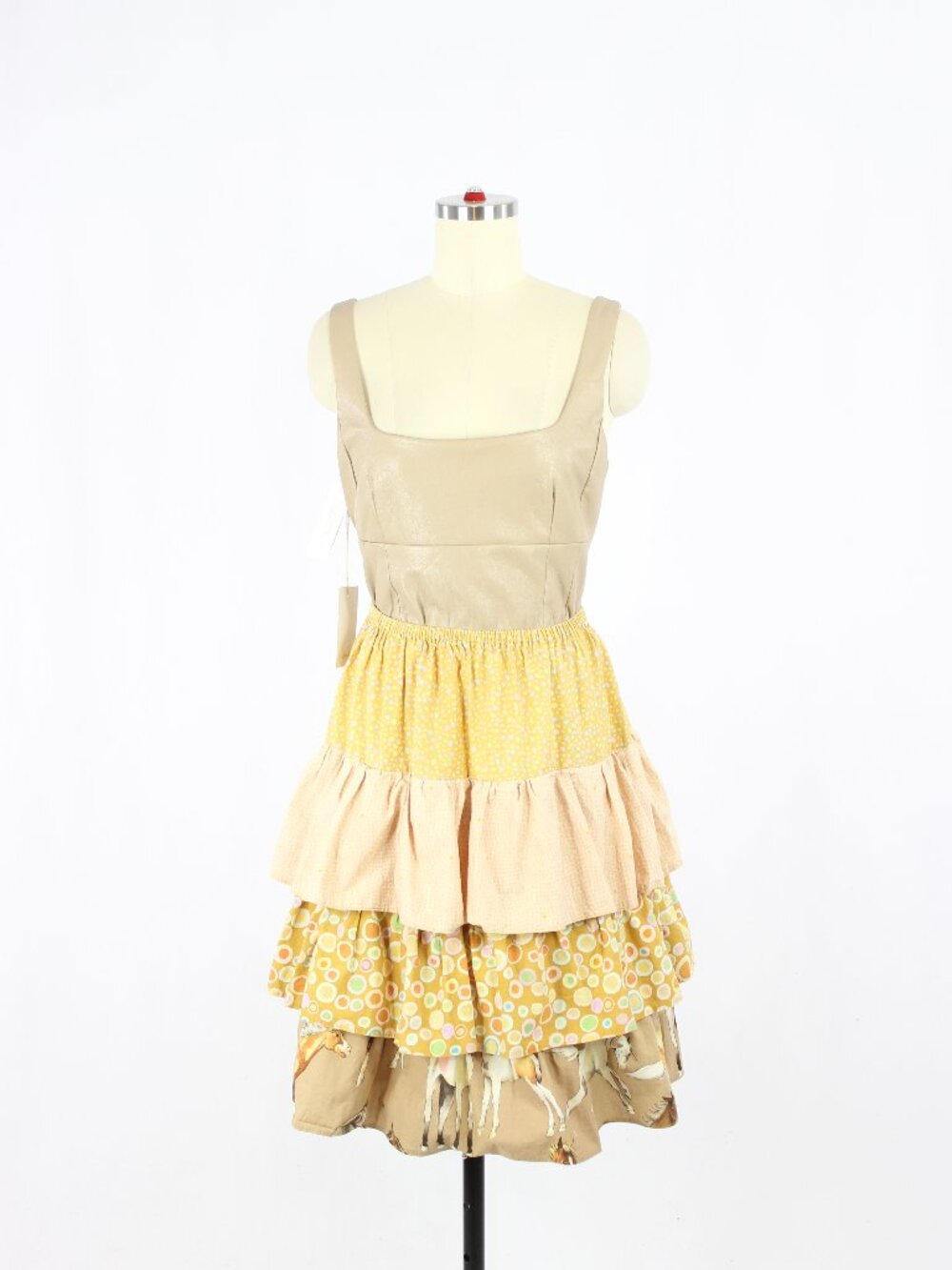 Handmade Yellow Horse & Graphic Print 100% Cotton Tiered Ruffle Skirt, OS
